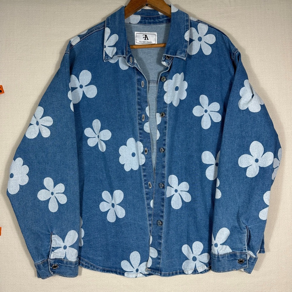 Flying Angel Denim Shirt Jacket Womens 2X Blue Floral Daisy Print Shacket